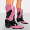 Public Desire UK Howdy Pink Patent Pointed Toe Western Cowboy Ankle Boots NEW IN