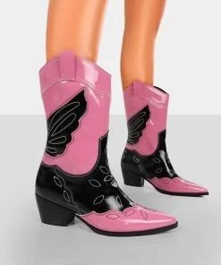 Public Desire UK Howdy Pink Patent Pointed Toe Western Cowboy Ankle Boots NEW IN
