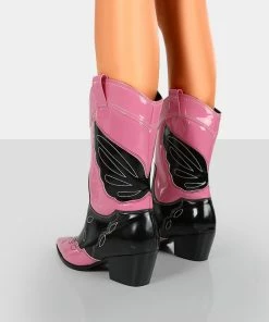 Public Desire UK Howdy Pink Patent Pointed Toe Western Cowboy Ankle Boots NEW IN