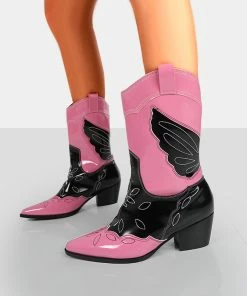 Public Desire UK Howdy Pink Patent Pointed Toe Western Cowboy Ankle Boots NEW IN