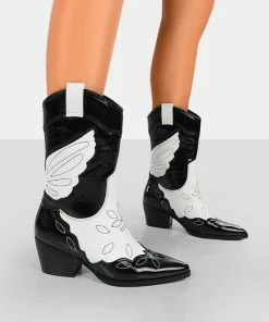 Public Desire UK Howdy Black Patent Pointed Toe Western Cowboy Ankle Boots NEW IN