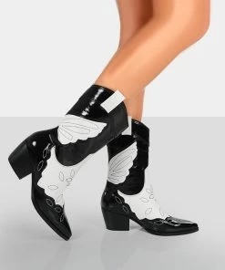 Public Desire UK Howdy Black Patent Pointed Toe Western Cowboy Ankle Boots NEW IN