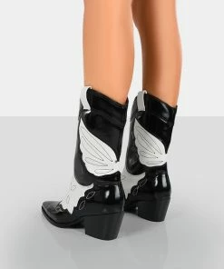 Public Desire UK Howdy Black Patent Pointed Toe Western Cowboy Ankle Boots NEW IN