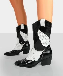 Public Desire UK Howdy Black Patent Pointed Toe Western Cowboy Ankle Boots NEW IN