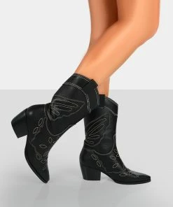Public Desire UK NEW IN Howdy Black PU Pointed Toe Western Cowboy Ankle Boots