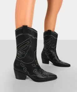 Public Desire UK NEW IN Howdy Black PU Pointed Toe Western Cowboy Ankle Boots