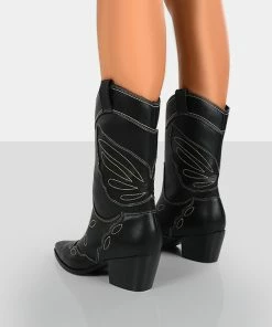 Public Desire UK NEW IN Howdy Black PU Pointed Toe Western Cowboy Ankle Boots