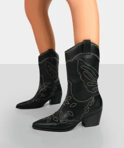 Public Desire UK NEW IN Howdy Black PU Pointed Toe Western Cowboy Ankle Boots