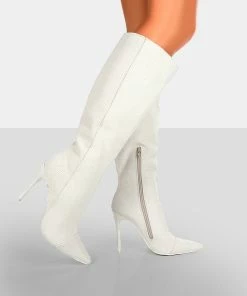 Public Desire UK Long Boots Horizon Linen Ecru Knee High Boots