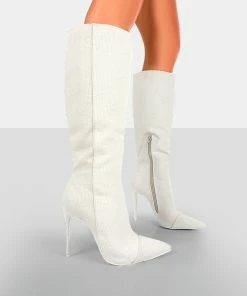 Public Desire UK Long Boots Horizon Linen Ecru Knee High Boots