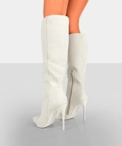Public Desire UK Long Boots Horizon Linen Ecru Knee High Boots