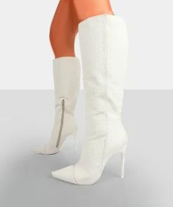 Public Desire UK Long Boots Horizon Linen Ecru Knee High Boots