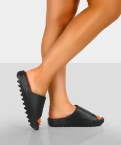 Public Desire UK Brady Black Rubber Flat Slider Sandals NEW IN