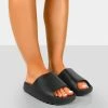 Public Desire UK Brady Black Rubber Flat Slider Sandals NEW IN