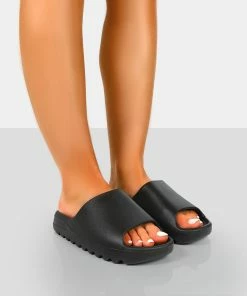 Public Desire UK Brady Black Rubber Flat Slider Sandals NEW IN