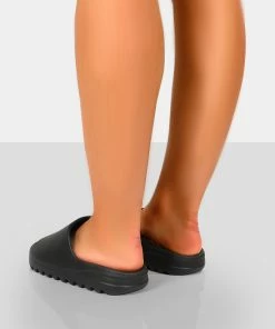 Public Desire UK Brady Black Rubber Flat Slider Sandals NEW IN