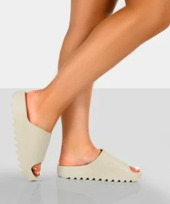 Public Desire UK Brady Khaki Rubber Flat Slider Sandals