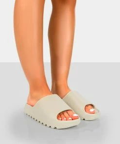 Public Desire UK Brady Khaki Rubber Flat Slider Sandals