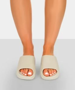 Public Desire UK Brady Khaki Rubber Flat Slider Sandals