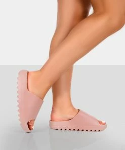 Public Desire UK Brady Baby Pink Rubber Flat Slider Sandals NEW IN