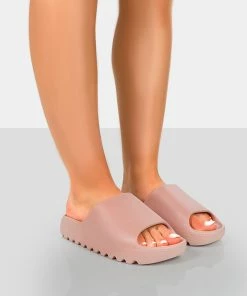 Public Desire UK Brady Baby Pink Rubber Flat Slider Sandals NEW IN