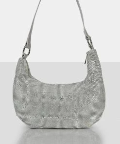 Public Desire UK The Cordelia Silver Diamante Zip Up Shoulder Bag