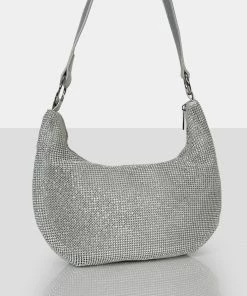Public Desire UK The Cordelia Silver Diamante Zip Up Shoulder Bag