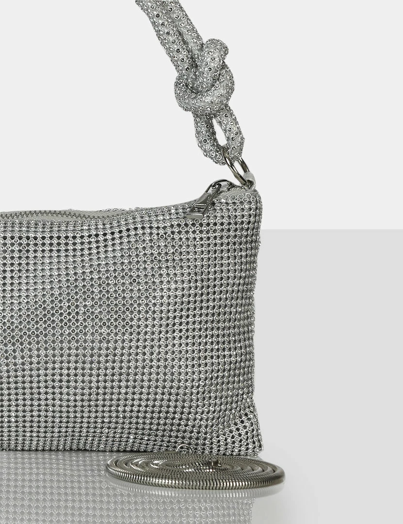 Public Desire UK The Ingrid Silver Diamante Zip Up Knot Detail Mini Shoulder Bag CROSSBODY AND SHOULDER BAGS 3 Public Desire UK The Ingrid Silver Diamante Zip Up Knot Detail Mini Shoulder Bag CROSSBODY AND SHOULDER BAGS