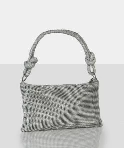 Public Desire UK The Ingrid Silver Diamante Zip Up Knot Detail Mini Shoulder Bag CROSSBODY AND SHOULDER BAGS