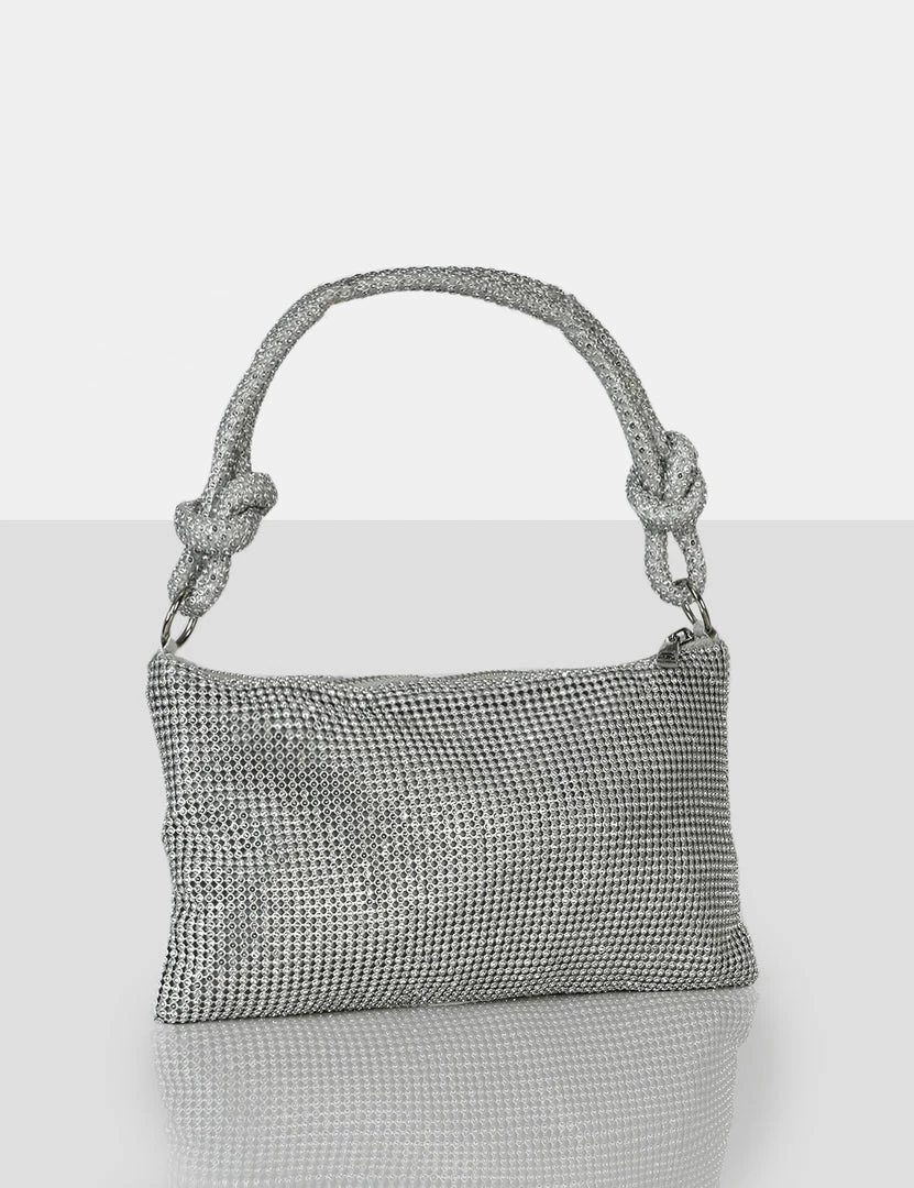Public Desire UK The Ingrid Silver Diamante Zip Up Knot Detail Mini Shoulder Bag CROSSBODY AND SHOULDER BAGS 2 Public Desire UK The Ingrid Silver Diamante Zip Up Knot Detail Mini Shoulder Bag CROSSBODY AND SHOULDER BAGS