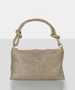 Public Desire UK The Ingrid Gold Diamante Zip Up Knot Detail Mini Shoulder Bag