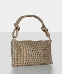 Public Desire UK The Ingrid Gold Diamante Zip Up Knot Detail Mini Shoulder Bag