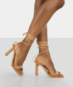 Public Desire UK Lamour Wide Fit Beige Faux Suede Square Toe Lace Up Mid Heels
