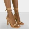 Public Desire UK Lamour Wide Fit Beige Faux Suede Square Toe Lace Up Mid Heels