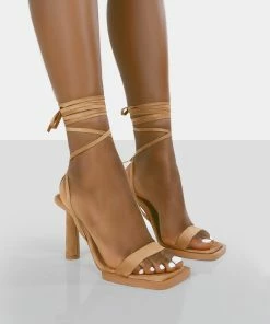Public Desire UK Lamour Wide Fit Beige Faux Suede Square Toe Lace Up Mid Heels