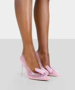 Public Desire UK Fake Love Pink Diamante Detail Bow Court Perspex Pointed Stiletto Heels