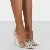 Public Desire UK Fake Love Silver Diamante Detail Bow Court Perspex Pointed Stiletto Heels NEW IN