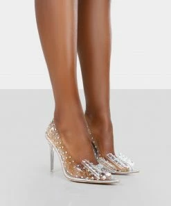 Public Desire UK Fake Love Silver Diamante Detail Bow Court Perspex Pointed Stiletto Heels NEW IN