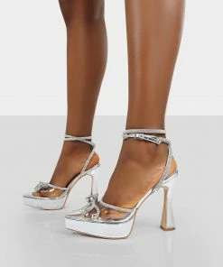 Public Desire UK Mimi Silver Mirror Platform Court Bow Heels 6 Public Desire UK Mimi Silver Mirror Platform Court Bow Heels