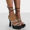 Public Desire UK NEW IN Opal Black Satin Diamanté Lace Up Platform Heels