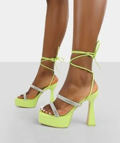 Public Desire UK Opal Lime Diamanté Lace Up Platform Heels