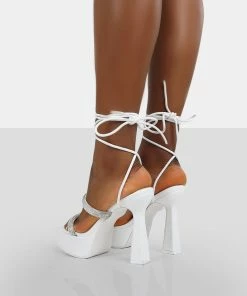 Public Desire UK NEW IN Opal White Pu Diamanté Lace Up Platform Heels