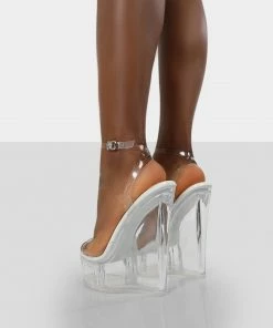 Public Desire UK Nikki Beach White Patent Platform Wedge Perspex Clear Heels NEW IN