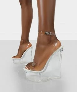 Public Desire UK Nikki Beach White Patent Platform Wedge Perspex Clear Heels NEW IN