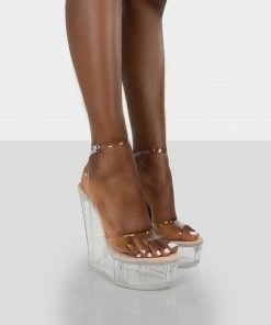 Public Desire UK Nikki Beach Nude Faux Suede Platform Wedge Perspex Clear Heels NEW IN