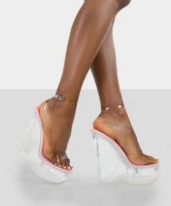 Public Desire UK NEW IN Nikki Beach Pink Patent Platform Wedge Perspex Clear Heels
