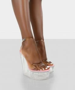 Public Desire UK NEW IN Nikki Beach Pink Patent Platform Wedge Perspex Clear Heels