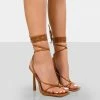 Public Desire UK Lacey Caramel Square Toe Strappy Lace Up Stiletto Heels