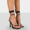 Public Desire UK Lacey Wide Fit Black Patent Square Toe Strappy Lace Up Stiletto Heels NEW IN