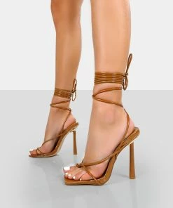Public Desire UK Lacey Caramel Square Toe Strappy Lace Up Stiletto Heels 7 Public Desire UK Lacey Caramel Square Toe Strappy Lace Up Stiletto Heels